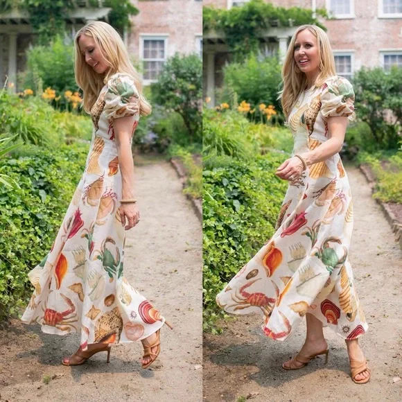 ALEMAIS Atlantic Linen Seashell Print Puff Sleeve Midi Dress NEW with tags - Picture 8 of 8